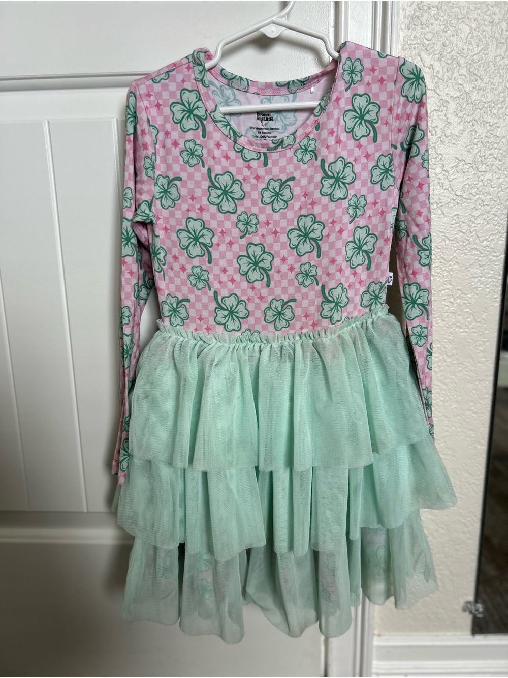 Girls Pink Floral Long-Sleeve Dress with Mint Tiered Tulle Skirt